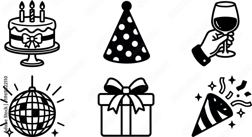 Naklejka premium Black and white line art birthday cake party hat wine glass disco ball gift box and party popper icons