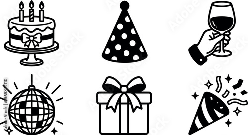 Black and white line art birthday cake party hat wine glass disco ball gift box and party popper icons