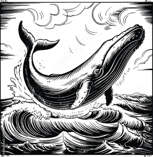 Engraving Humpback whale breaching ocean wave with dramatic engraving style depicting marine life in its natural habitat showing power and freedom of majestic sea creature and nautical adventure.
