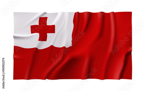 Realistic Tonga country flag isolated on a transparent background. Silk atlas detailed fabric flag. Vector PNG
