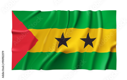 Realistic Sao Tome and Principe country flag isolated on a transparent background. Silk atlas detailed fabric flag. Vector PNG