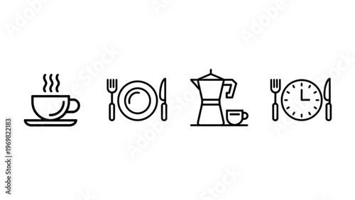 Daily coffee and meal preparation routine icons set Vector