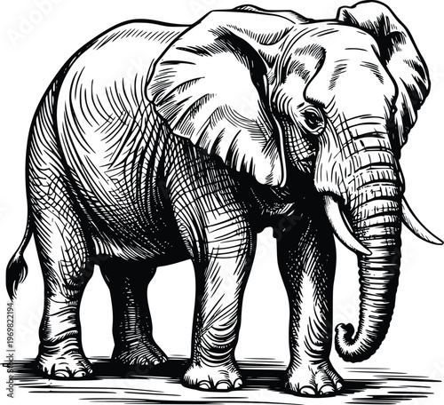 Engraving Majestic illustration of a large African elephant standing with tusks visible, depicted in a detailed black and white sketch, showcasing its immense size and presence.