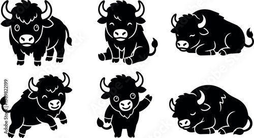 Cute black bison cartoon characters in various poses vector art