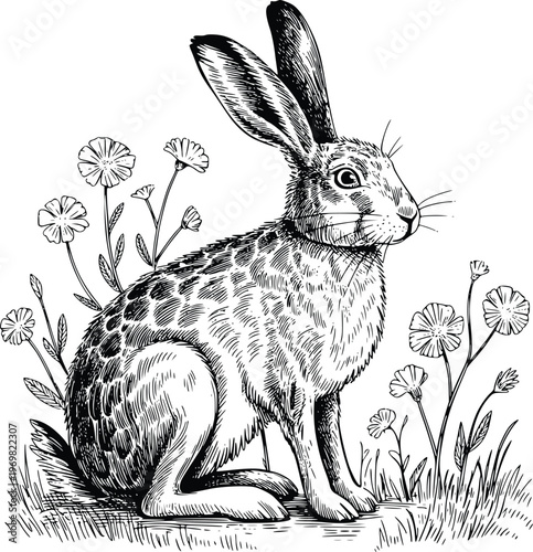 Engraving Black and white line art vector illustration of a wild hare in a field with flowers, animal outline for graphic design projects.