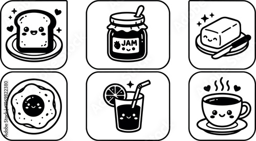 Cute breakfast food icons toast jam butter fried egg juice and coffee line art