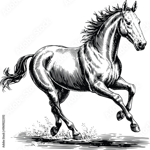 Engraving Dynamic illustration of a powerful horse galloping with mane flowing and hooves splashing water, captured in a detailed black and white sketch, representing freedom and speed.