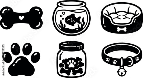 Black and white pet themed icons with bone heart fish bowl paw jar collar with bell