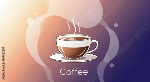 Modern coffee cup illustration with soft gradient background and steam effect, suitable for branding, cafe promotion, and beverage design templates.