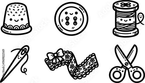 Cute black and white sewing tools icons with smiles thimble button spool needle lace scissors