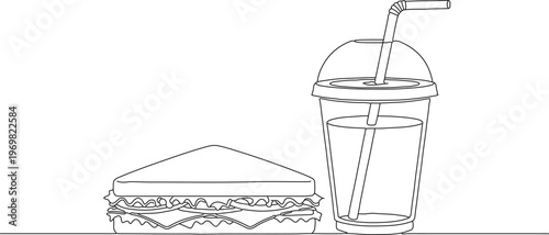 Minimalist continuous line drawing of sandwich and soda cup, fast food lunch meal vector, simple black and white outline of club sandwich and drink