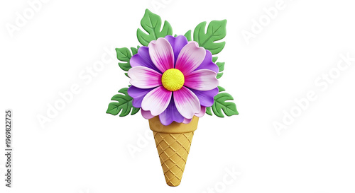 Ice cream cone with a colorful flower and leaves