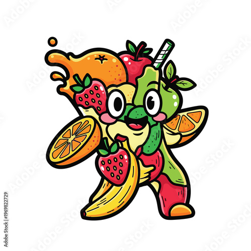 Cartoon fruit character with juice splash.