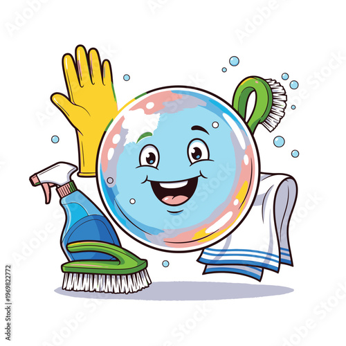 Cartoon bubble with cleaning supplies smiling.