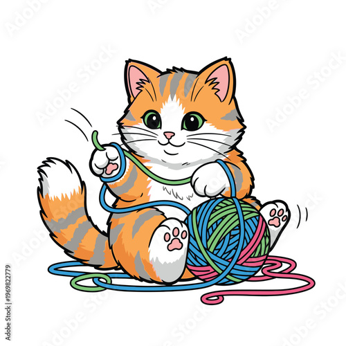Cute orange kitten playing with yarn 3.