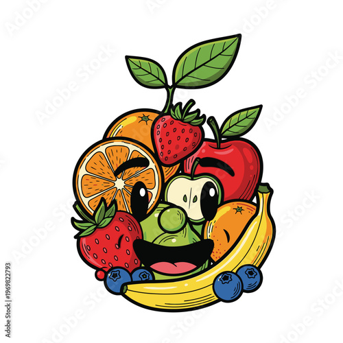 Colorful cartoon fruit smiling face.