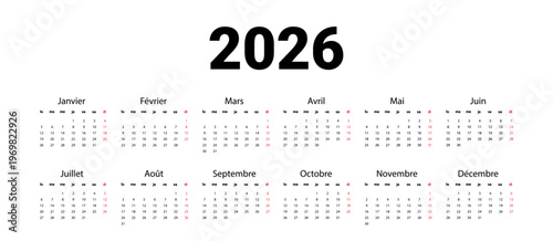 French 2026 calendar template. Vector illustration design template start from monday. isolated wall background. Full months for wall calendar.
