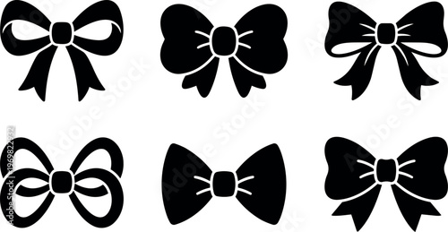 Black silhouette collection of six different bow shapes vector art
