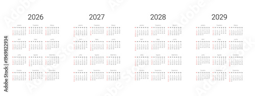 Calendar template for Brazil start from Sunday. Full months for wall calendar, isolated wall background. 2026, 2027, 2028, 2029 Calendar in Portuguese