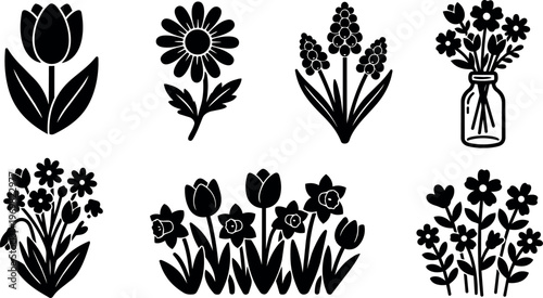 Black and white silhouette vector art of various spring flowers with vase and leaves