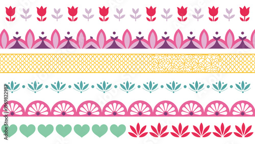 Colorful heart shapes arranged in a rainbow pattern with decorative borders Vector