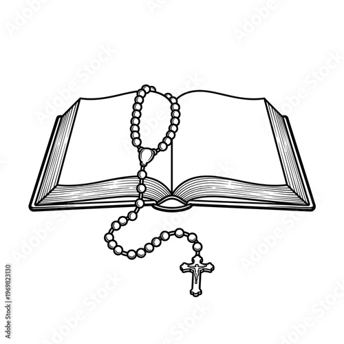 Open Bible with rosary on top, isolated on transparent background  
