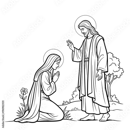 Jesus appearing to Mary Magdalene in garden illustration, isolated on transparent background  