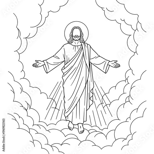 Jesus ascending into clouds with outstretched arms in a linear design  