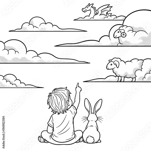 Child pointing at clouds with bunny, illustrating imagination and wonder  
