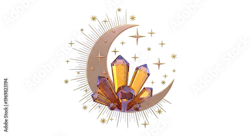 Golden Crescent Moon with Crystals and Stars