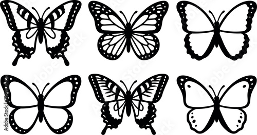 Black and white line art butterfly silhouettes collection vector