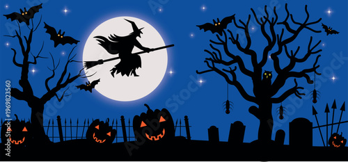 Spooky Halloween night background illustration featuring a dark sky with a full moon, flying bat silhouettes, a witch on a broom, and a scary tree in a cartoon vector design
