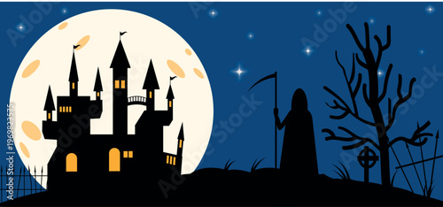 Haunted Castle Under Full Moon With Grim Reaper Silhouette on Halloween Night