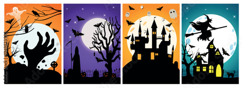 Spooky Halloween party flyer featuring a haunted castle silhouette under a dark night moon with flying bats and a scary pumpkin in a vector illustration