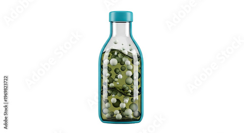 Bottle with colorful bubbles and green liquid