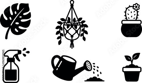 Black silhouette plant care icons with watering spray and hanging pot