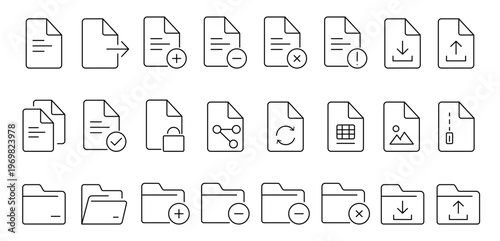 Document and File Management Line Icons Set – Folder, Data, UI, Minimal Vector