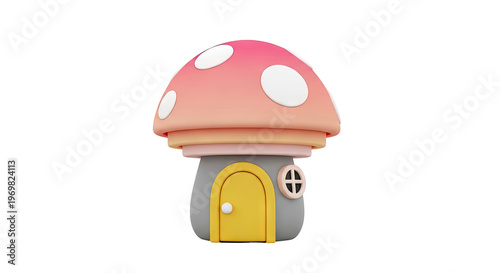 Whimsical Mushroom House with Pink Cap and Yellow Door