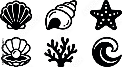 Black and white marine shells starfish coral and ocean wave icons