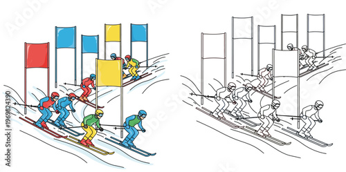 Vector illustration of professional skiers racing downhill through gates in a competition, featuring both a colorful version and a line art version for coloring book or activity.