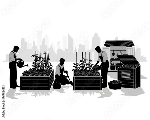 three farmers harvesting hydroponic vegetables in greenhouse vector illustration