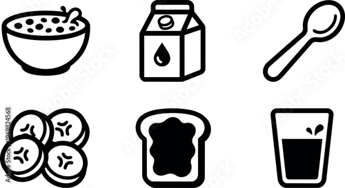 Black and white line art breakfast food icons bowl milk carton spoon banana toast juice glass