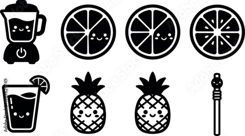 Cute pineapple orange slice and blender kawaii vector line art icons