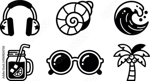 Black and white summer icons with headphones shell wave drink glasses and palm tree