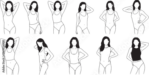 Elegant collection of minimalist line art illustrations featuring diverse women in various stylish poses, showcasing different body types in swimwear, perfect for fashion and beauty design projects