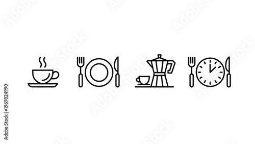 Daily routine icons featuring coffee, meal, coffee machine, and clock Vector