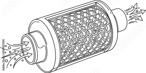An isometric technical illustration showing a sophisticated purification filter's internal honeycomb structure, demonstrating its effective particle trapping mechanism.