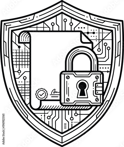 Digital shield icon symbolizing robust data security, document protection, and comprehensive cyber privacy, ensuring confidential information remains safe and secure.