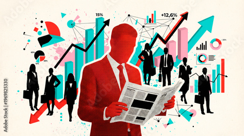 Abstrakte Business-Collage mit Personen, Diagrammen und steigenden Pfeilen