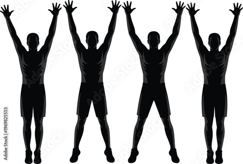 Jumping man silhouettes set, active people raising hands fitness exercise pose vector illustration